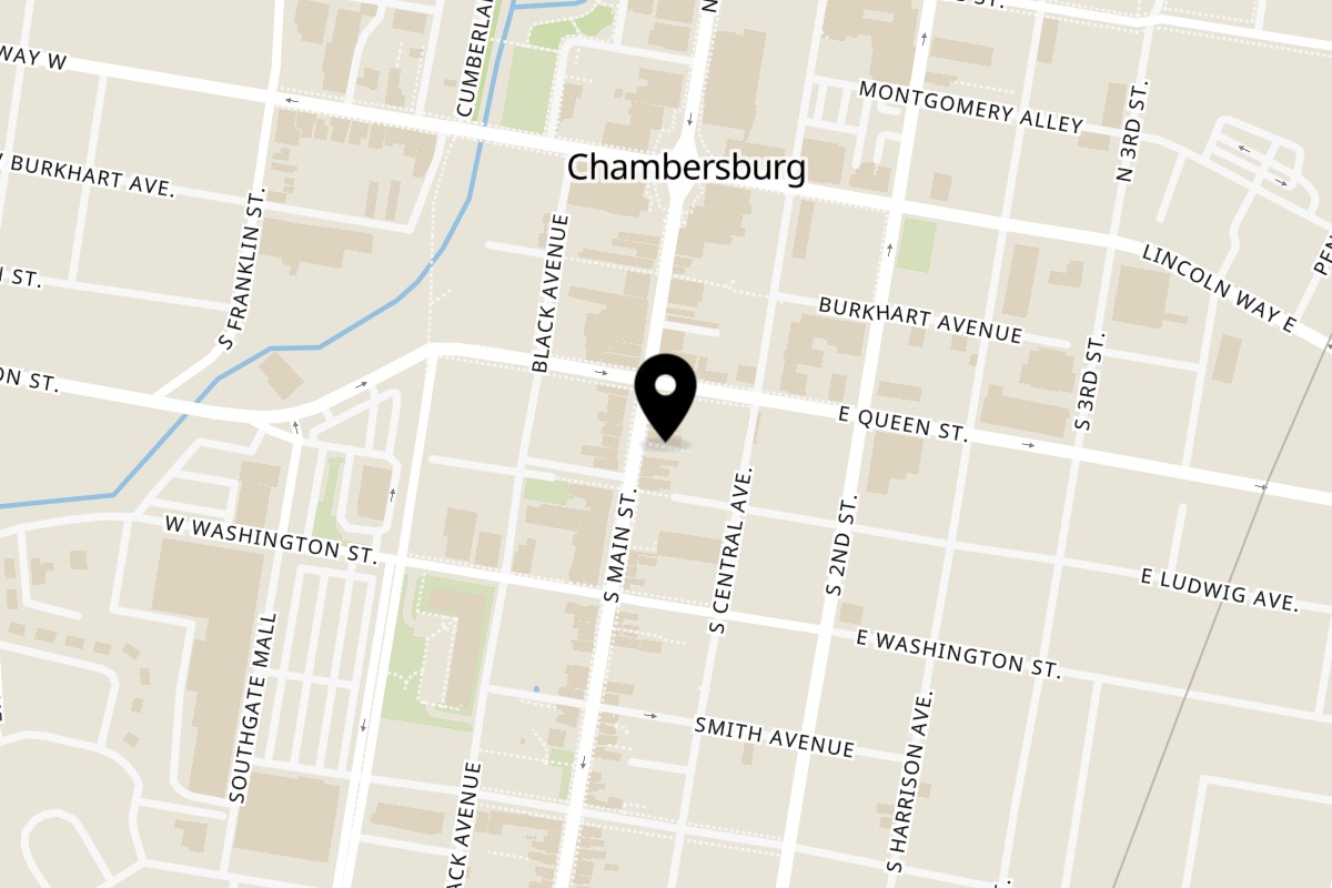 Map showing the location of Fox's Pizza Den on 120 S Main St in Chambersburg